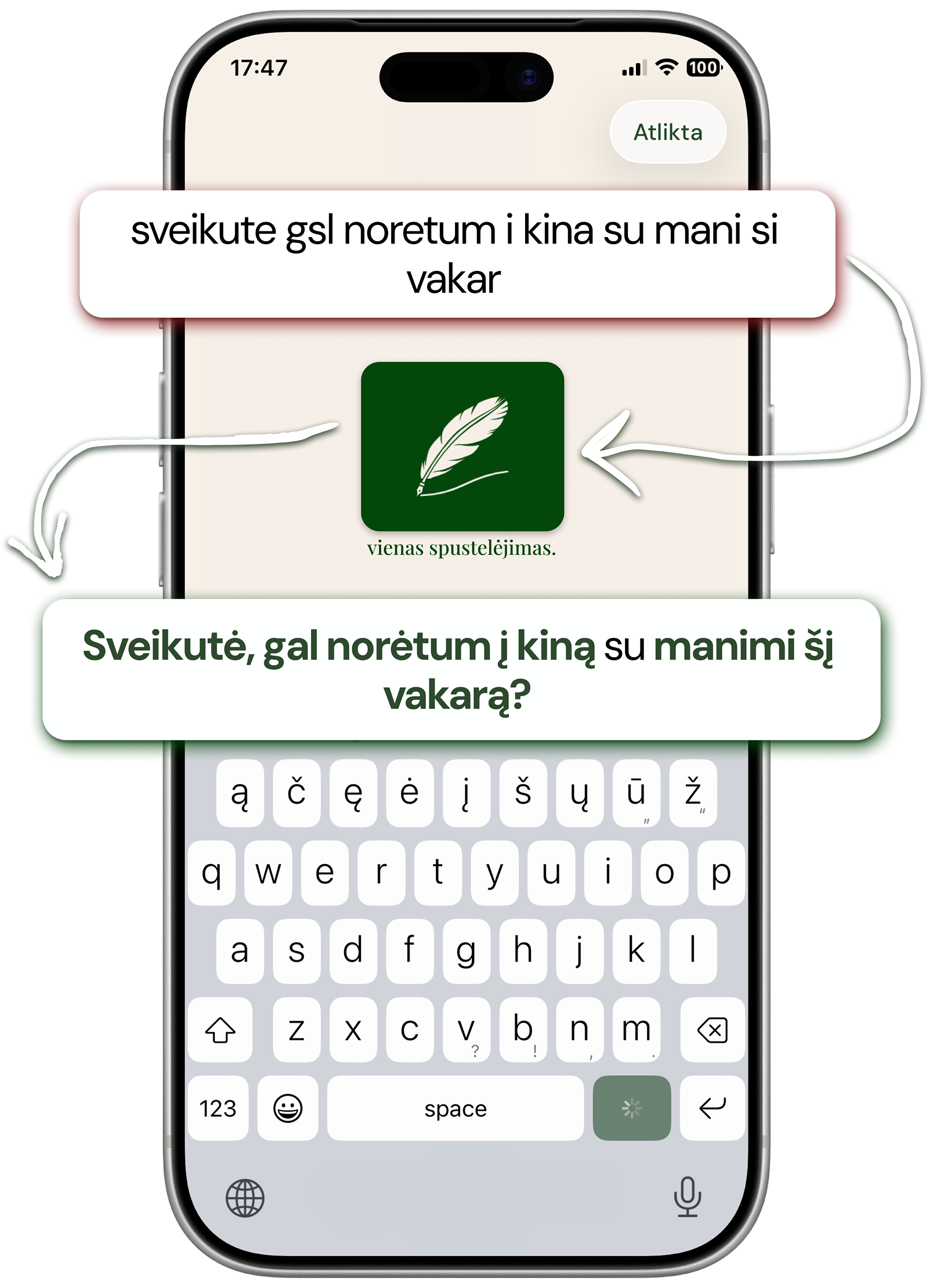 Nosinės lietuviška klaviatūra iPhone su papildoma lietuviškų raidžių eilute